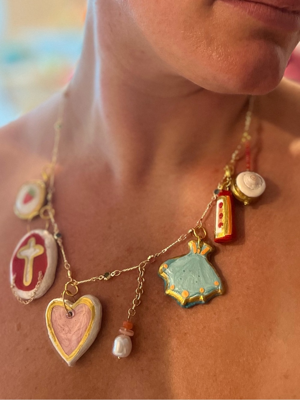 Handmade Multicolor Charm Necklace with Pastel Heart & Shell Charms
